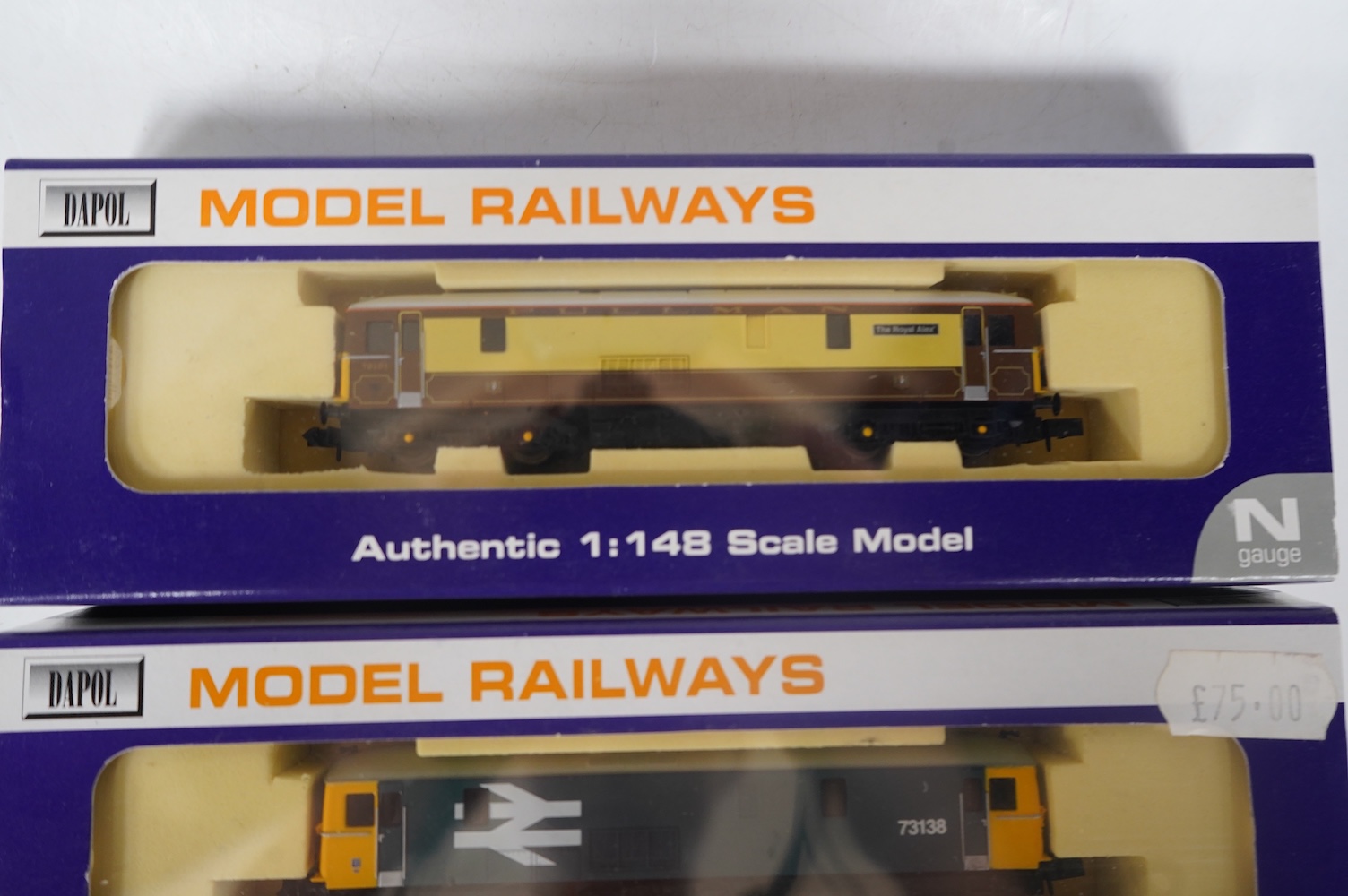 Three boxed Dapol N gauge railway Class 73 electro-diesel locomotives; 73101 The Royal Alex (ND-011b), 73138 (ND008) and 73128 (ND005). Condition - good.